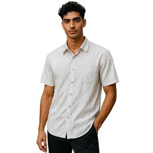 BODHI by Kotomori White Grey Abstract Birds Short Sleeve‎ Button Down - M